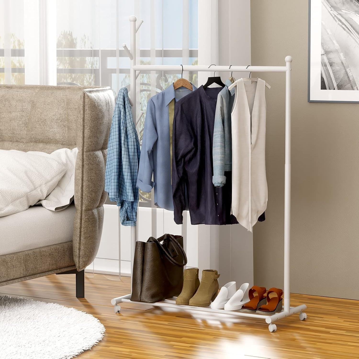 Heavy Duty Clothes Garment Rack with Shelf Wheels Metal White