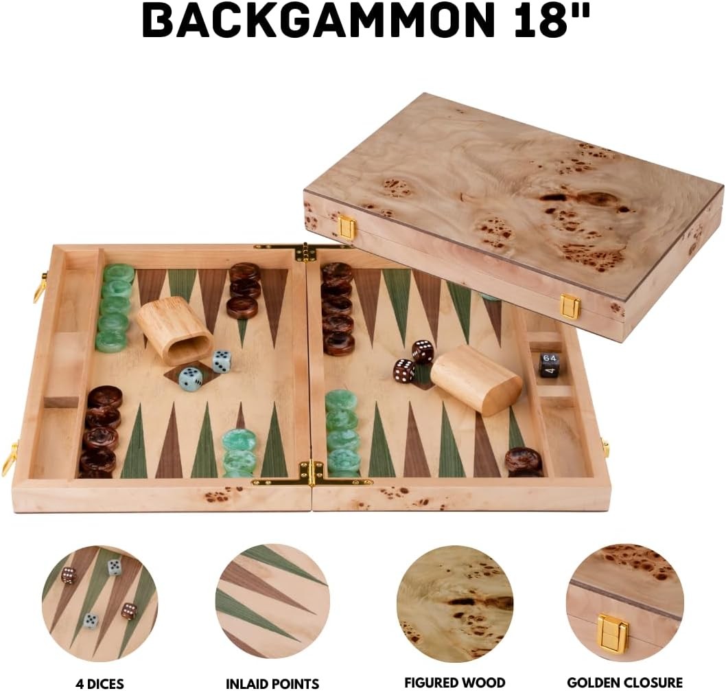 Luxury Wooden Backgammon Set 18 Inch Walnut Board Game with Dice Cups