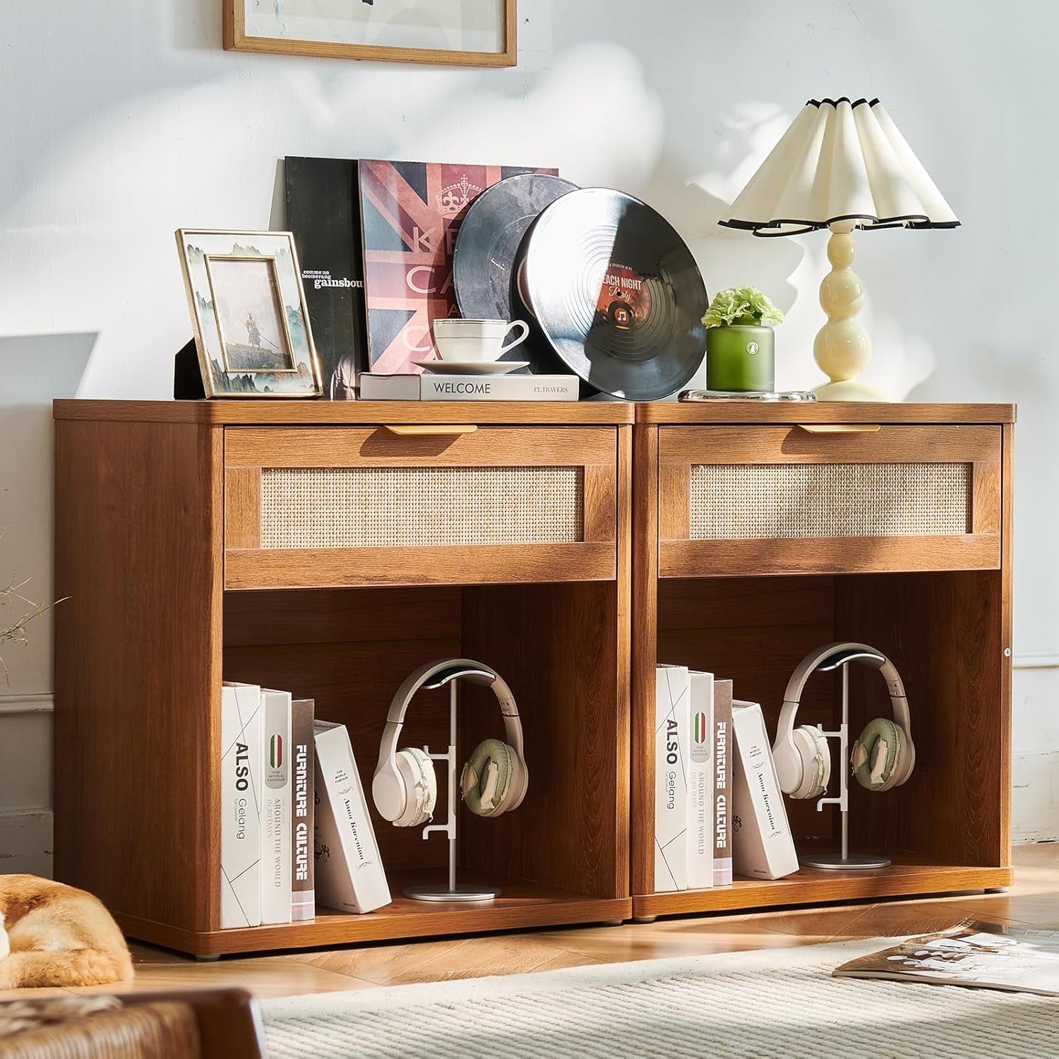 Wide Rattan Bedside Table Nightstand with Drawer Boho Wood