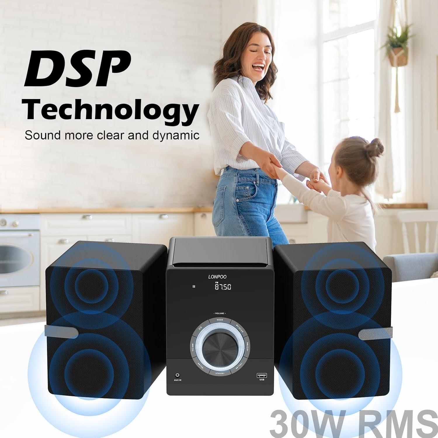 Compact HiFi Stereo System Bluetooth CD Player FM Radio USB AUX 40W Speakers