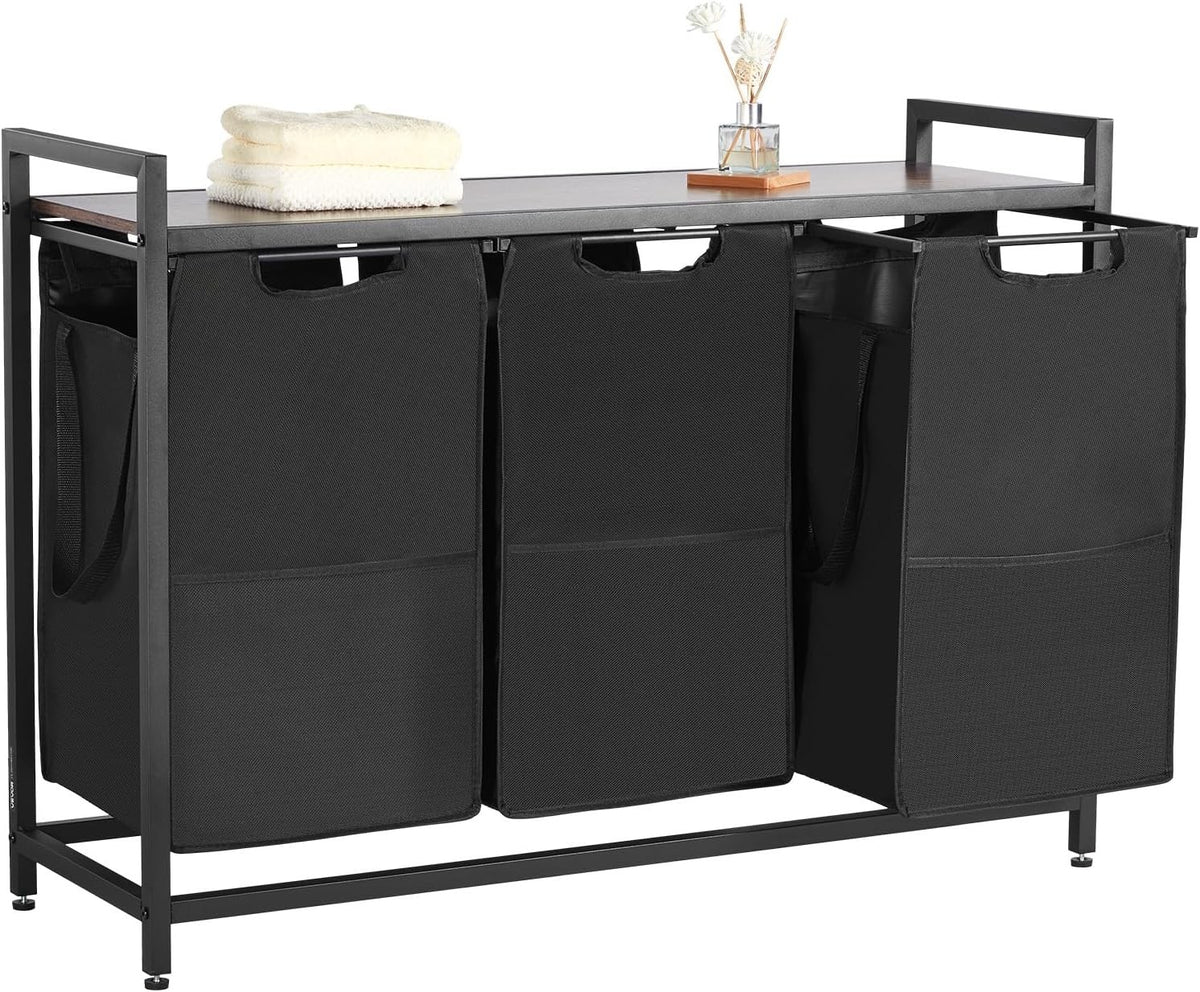 3 Section Laundry Sorter With Tabletop Metal Frame 600D Oxford Bags Black