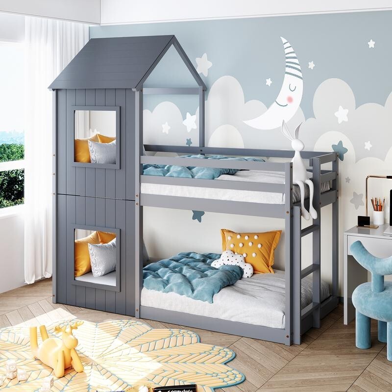 3FT Grey Treehouse Bunk Bed Kids Solid Wood Frame with Canopy Ladder Safety Rail
