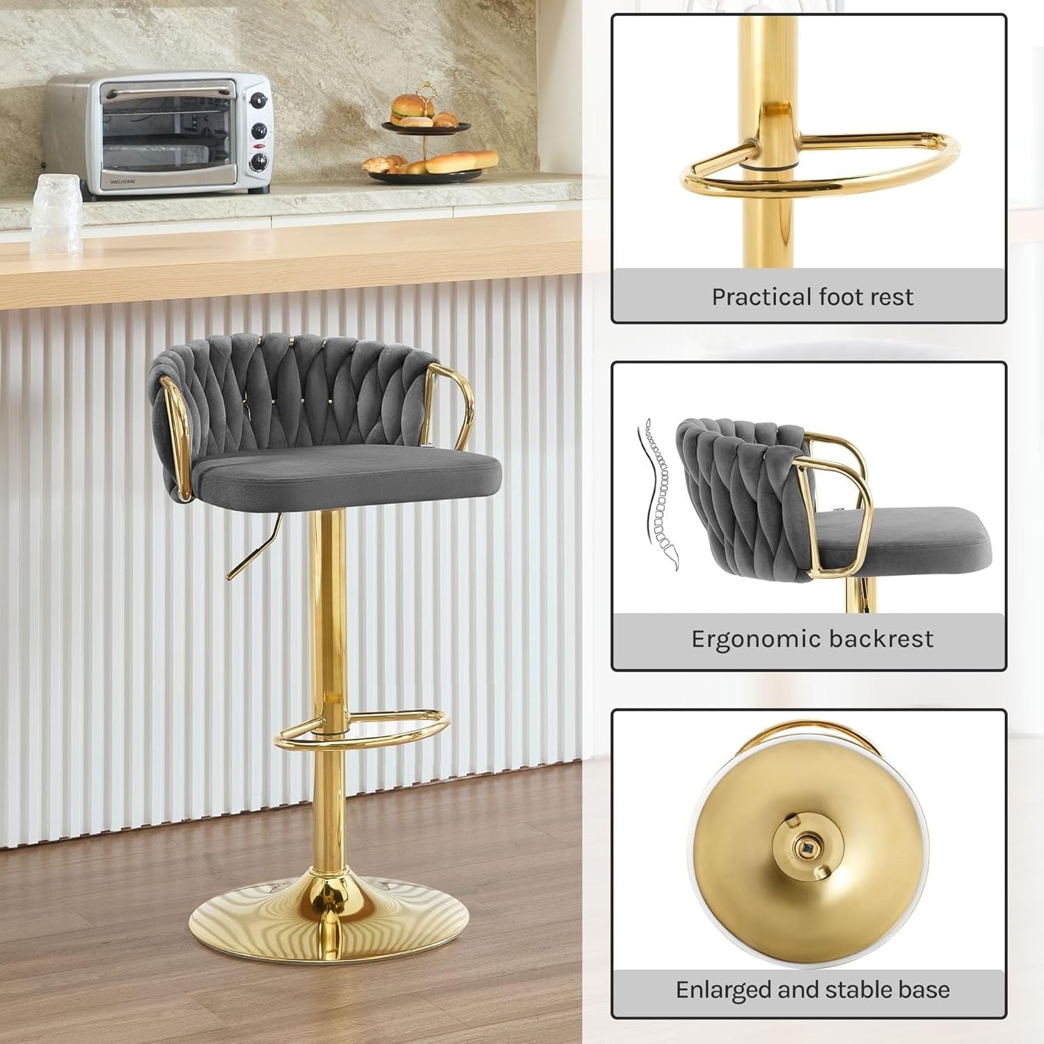 Adjustable Velvet Bar Stool Dark Grey 360° Swivel Kitchen Counter