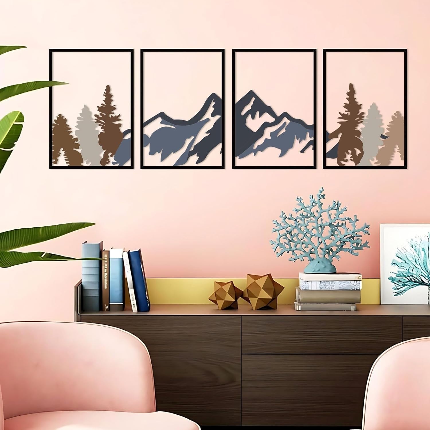 4Pc Metal Mountain Forest Wall Art Rustic Nature Decor Black