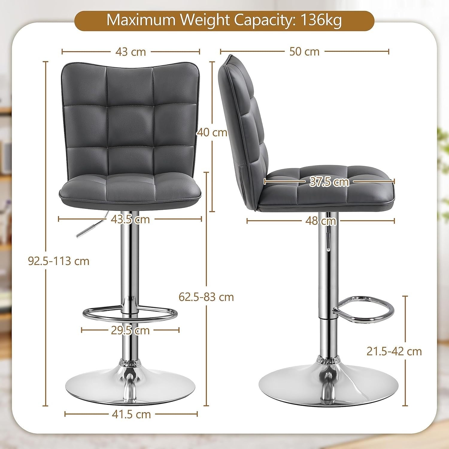 Adjustable Swivel Bar Stools Set of 2 Faux Leather Counter Chairs
