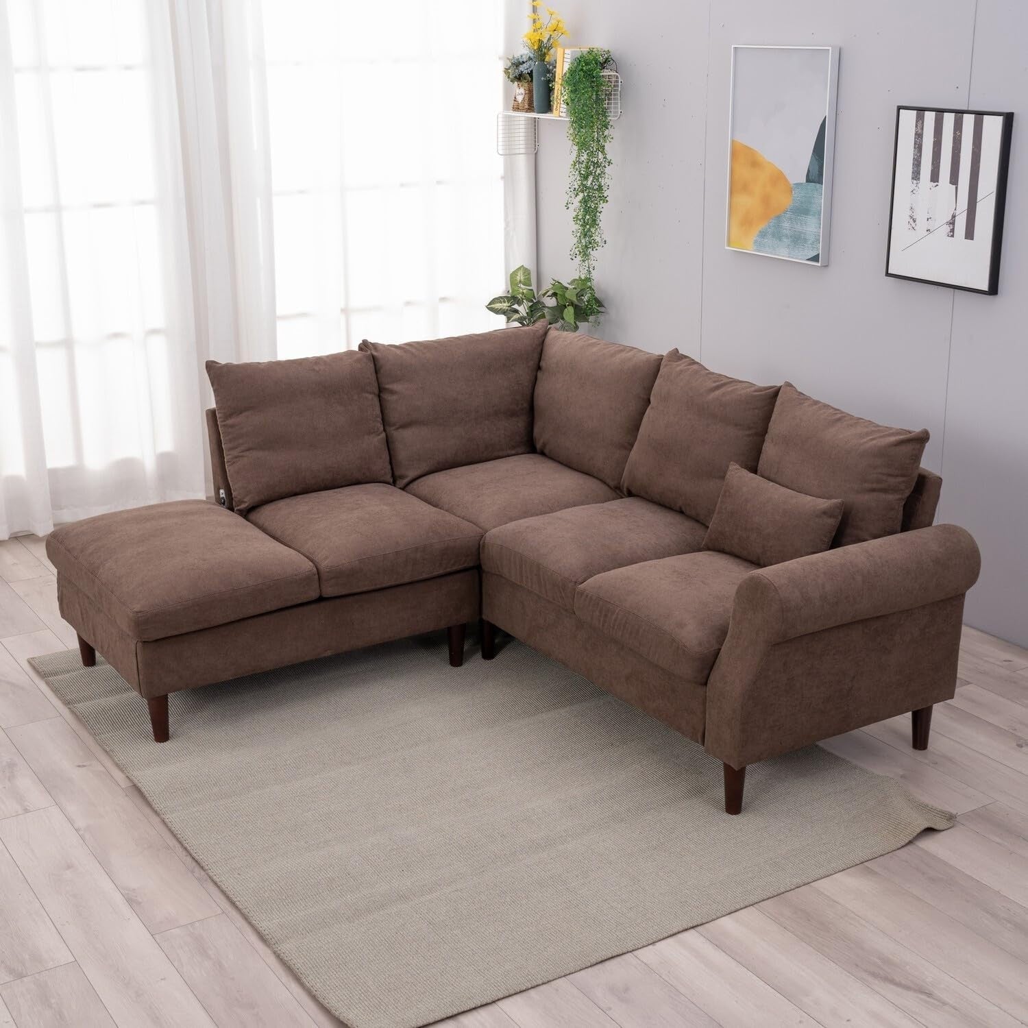 5 Seater Corner Sofa with Chaise & USB Port – Brown Linen, Space-Saving Sectiona