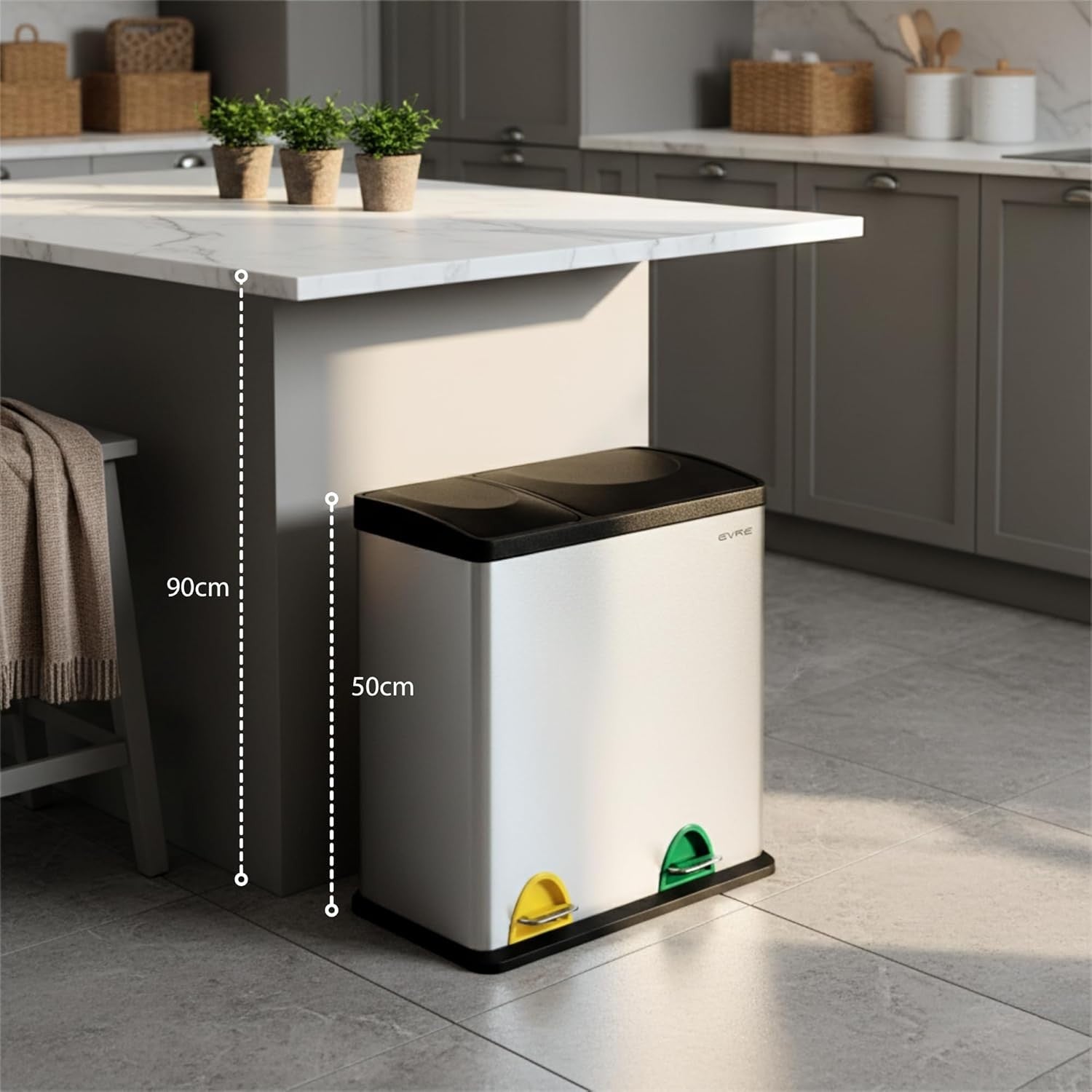 36L Recycling Bin 2 Compartment Waste Separation Silver