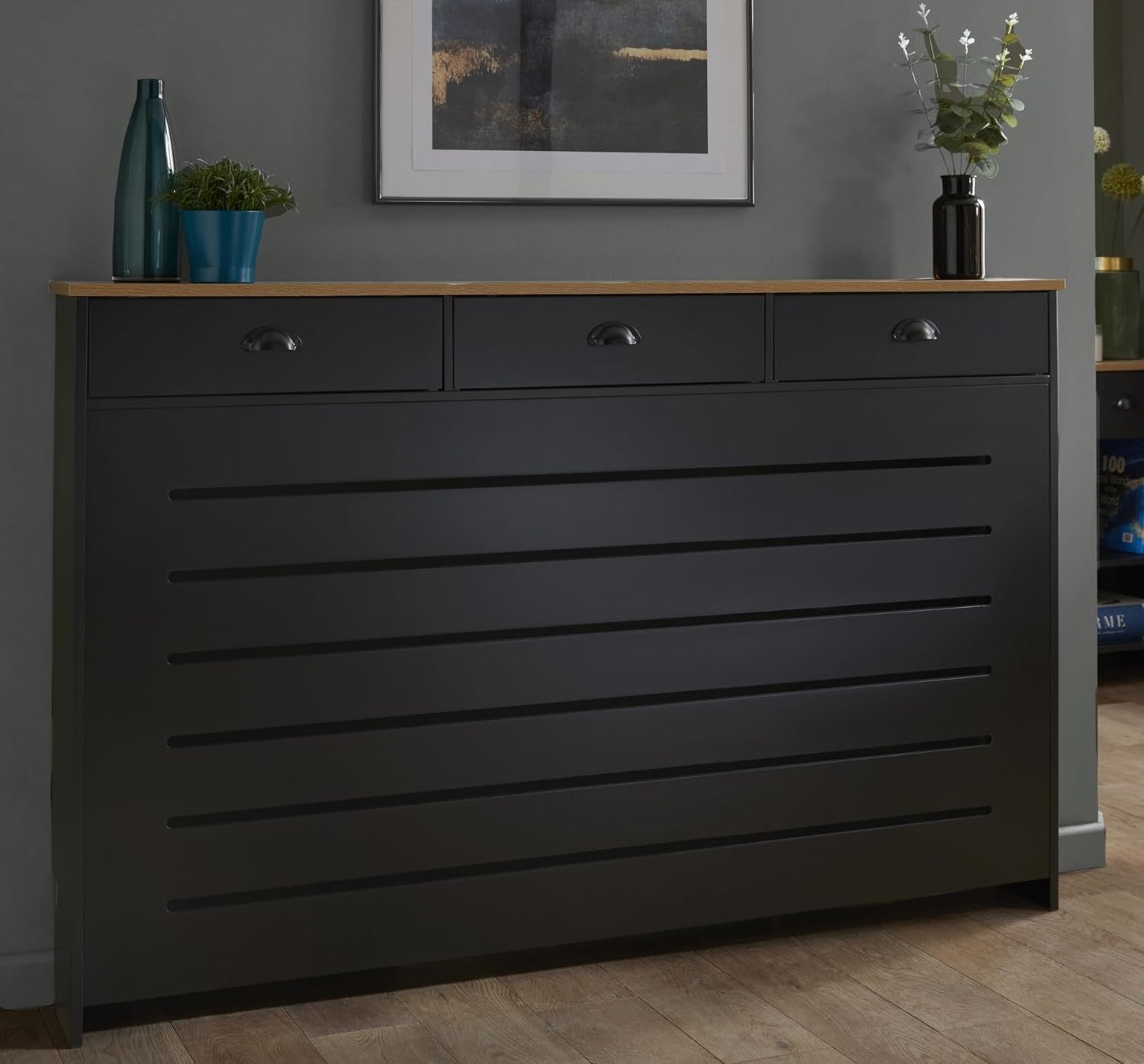 Black Radiator Cover 150x19x96cm Modern MDF Heating Cabinet | 3 Drawer Slatted