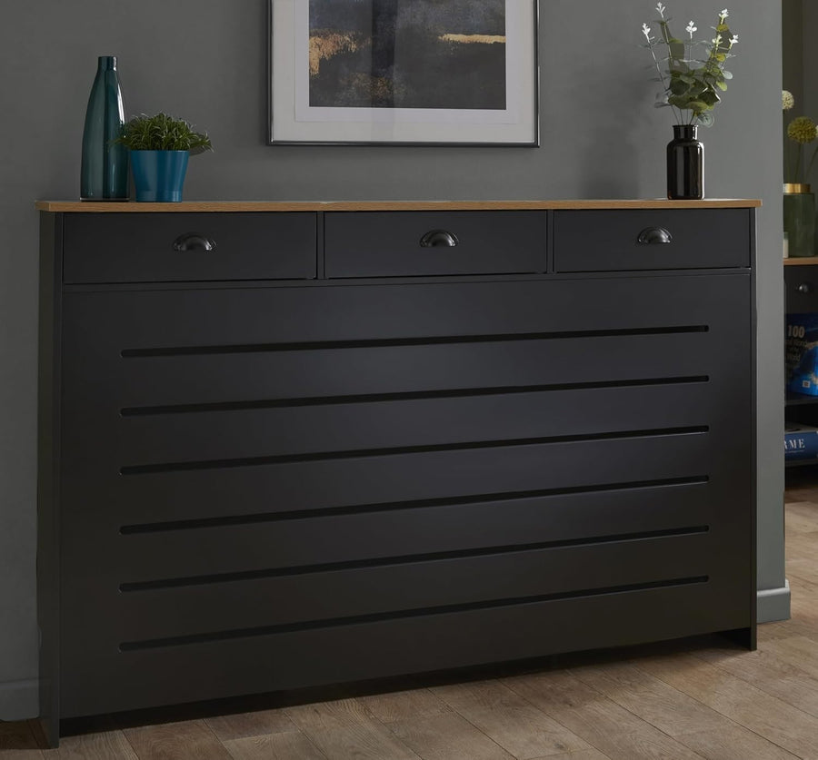 Black Radiator Cover 150x19x96cm Modern MDF Heating Cabinet | 3 Drawer Slatted