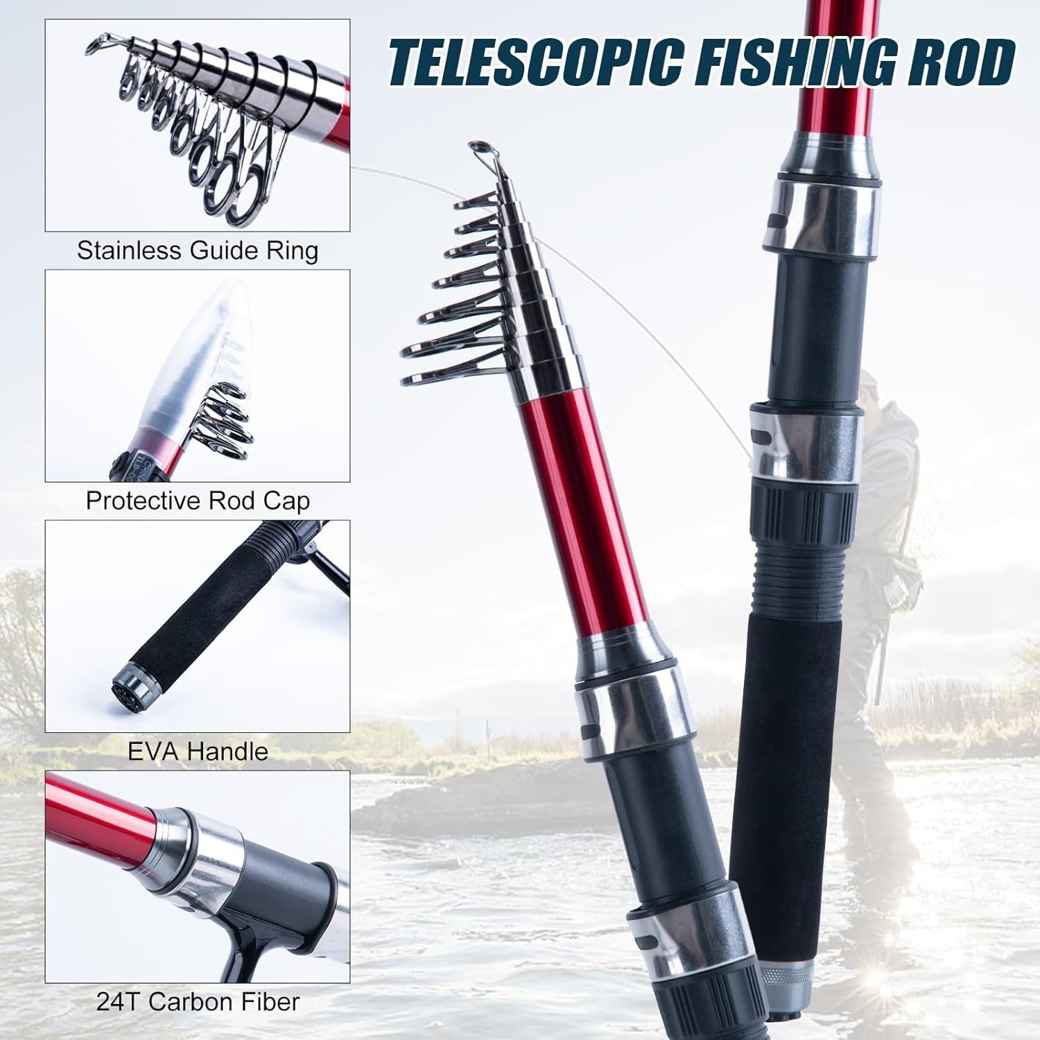 2-Piece Telescopic Fishing Rod Reel Kit with Carrier Bag & Accessories