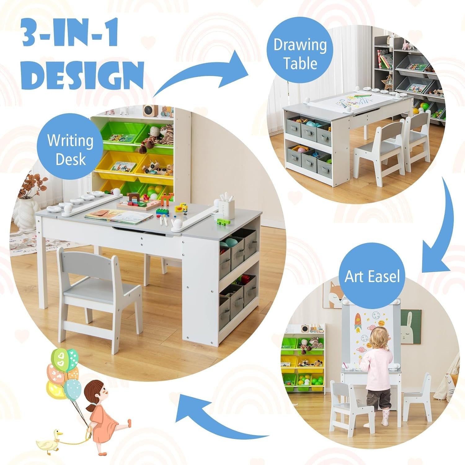 Kids Art Table and Chairs Set with Storage Boxes Drawing Desk Grey 5 Cups