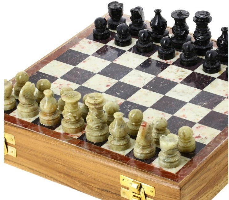 Luxury 10" Marble & Wood Chess Set – Inlaid Stone Board + Handcrafted Pieces