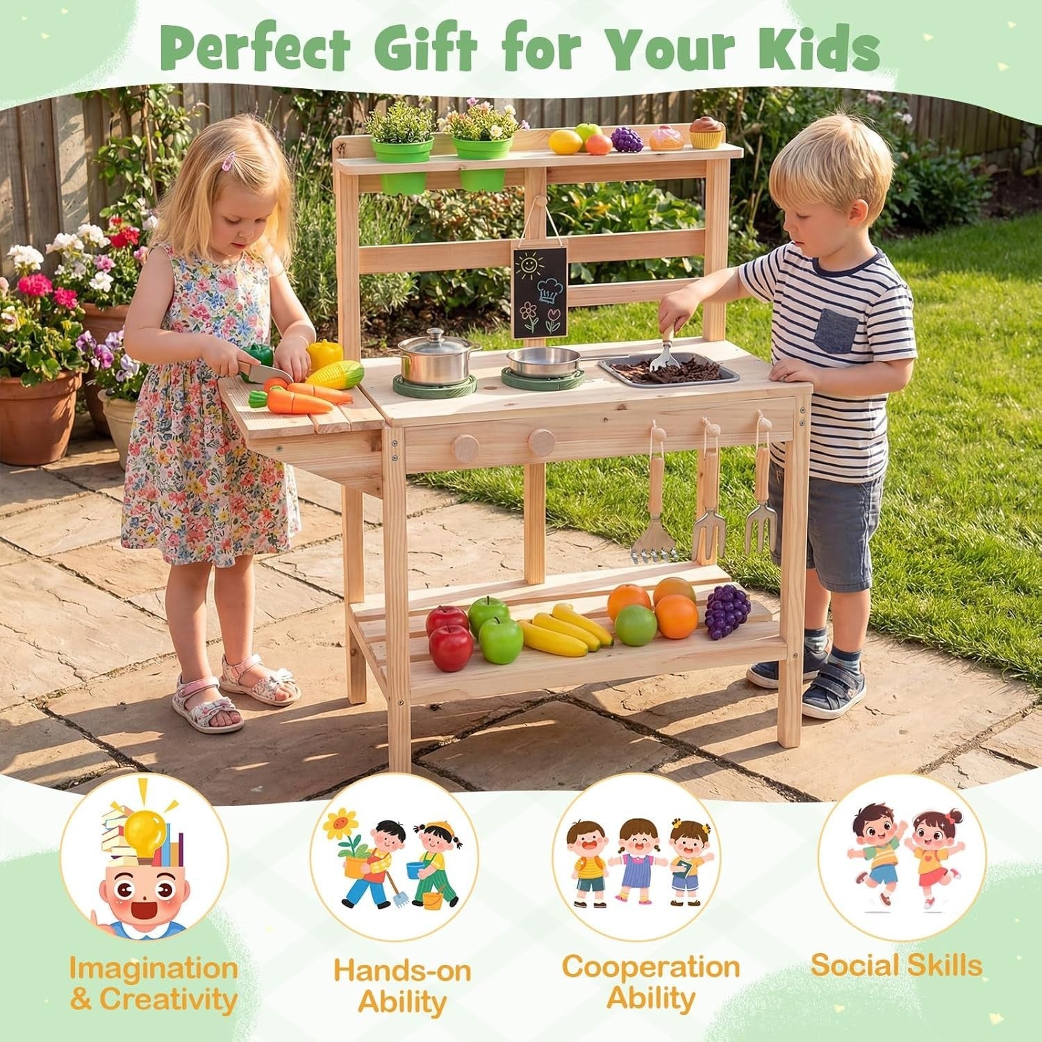 Outdoor Mud Kitchen for Kids Wooden Playset w/ Sink Chalkboard