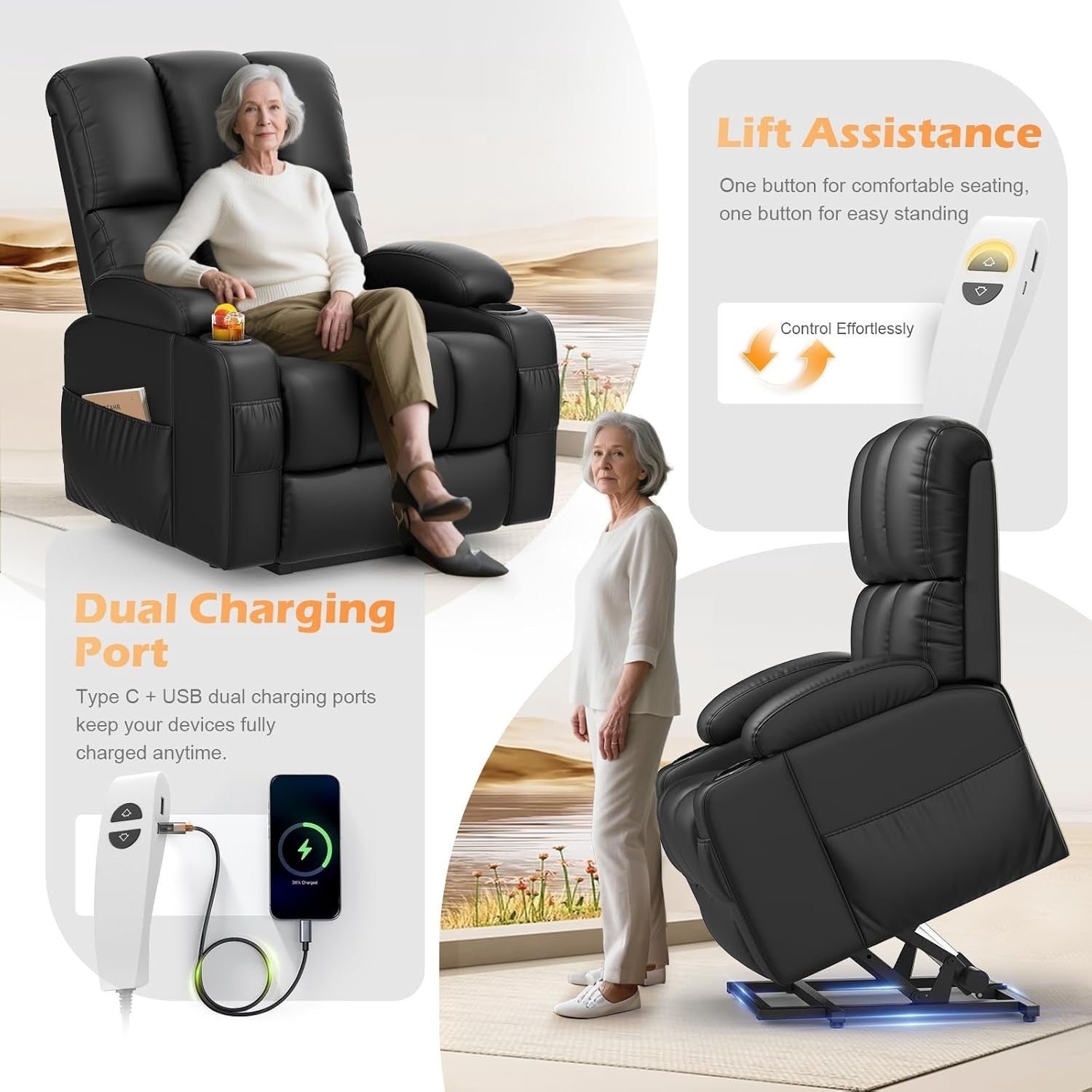 Lift Recliner Chair Elderly Massage Heat Power Assist USB Cup Holders PU Black
