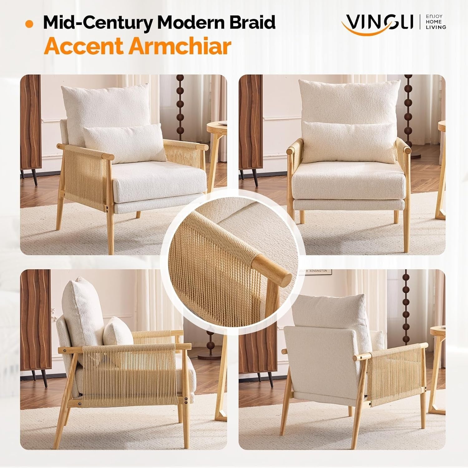 Beige Rattan Accent Armchair With Cushion Wooden Arms Mid Century Lounge Chair