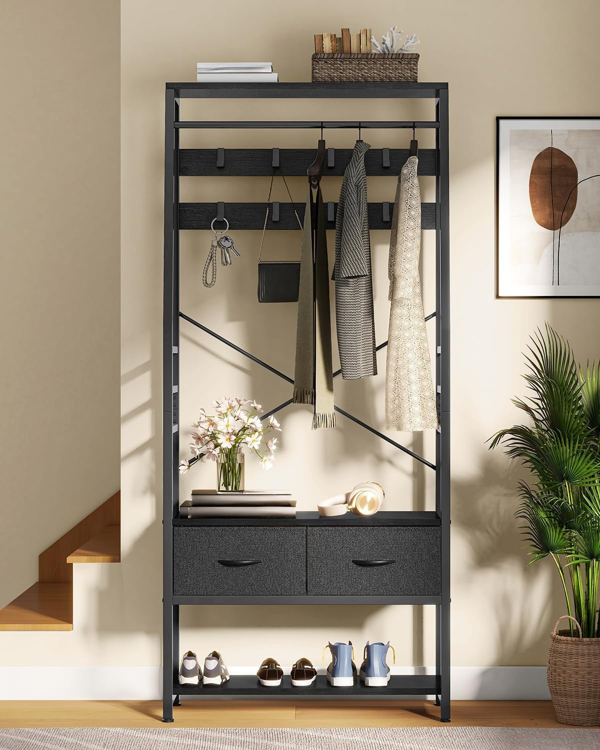 Black Metal Hall Tree Coat Rack | Bench with Shoe Storage & 2 Drawers Organizer