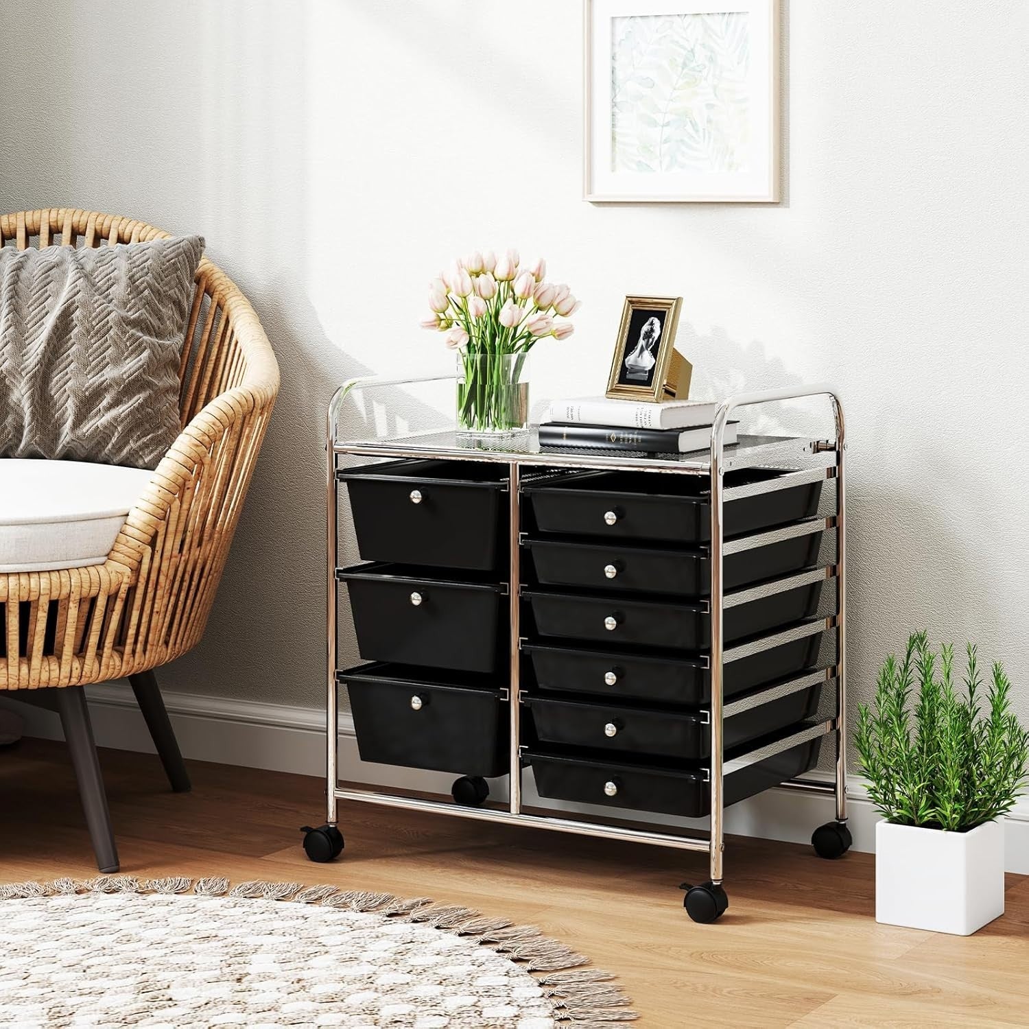 9 Drawer Rolling Storage Trolley Black Utility Cart Organizer Wheels