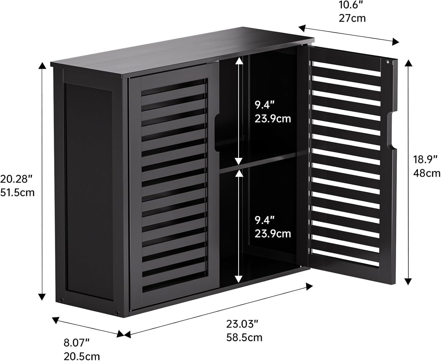 Black Bathroom Wall Cabinet Storage 2 Door Bamboo Unit Adjustable Shelf