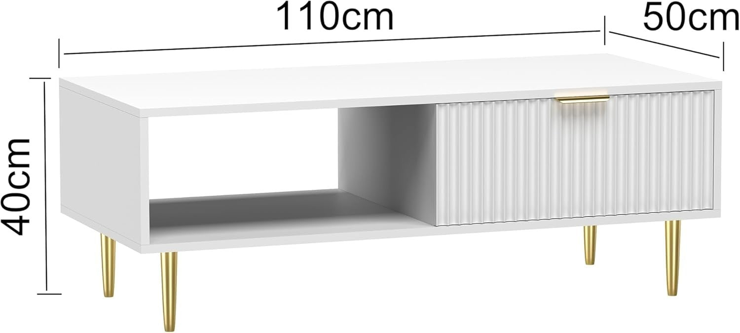 Modern White Coffee Table with Storage Drawer & Gold Legs – 110x50x40cm