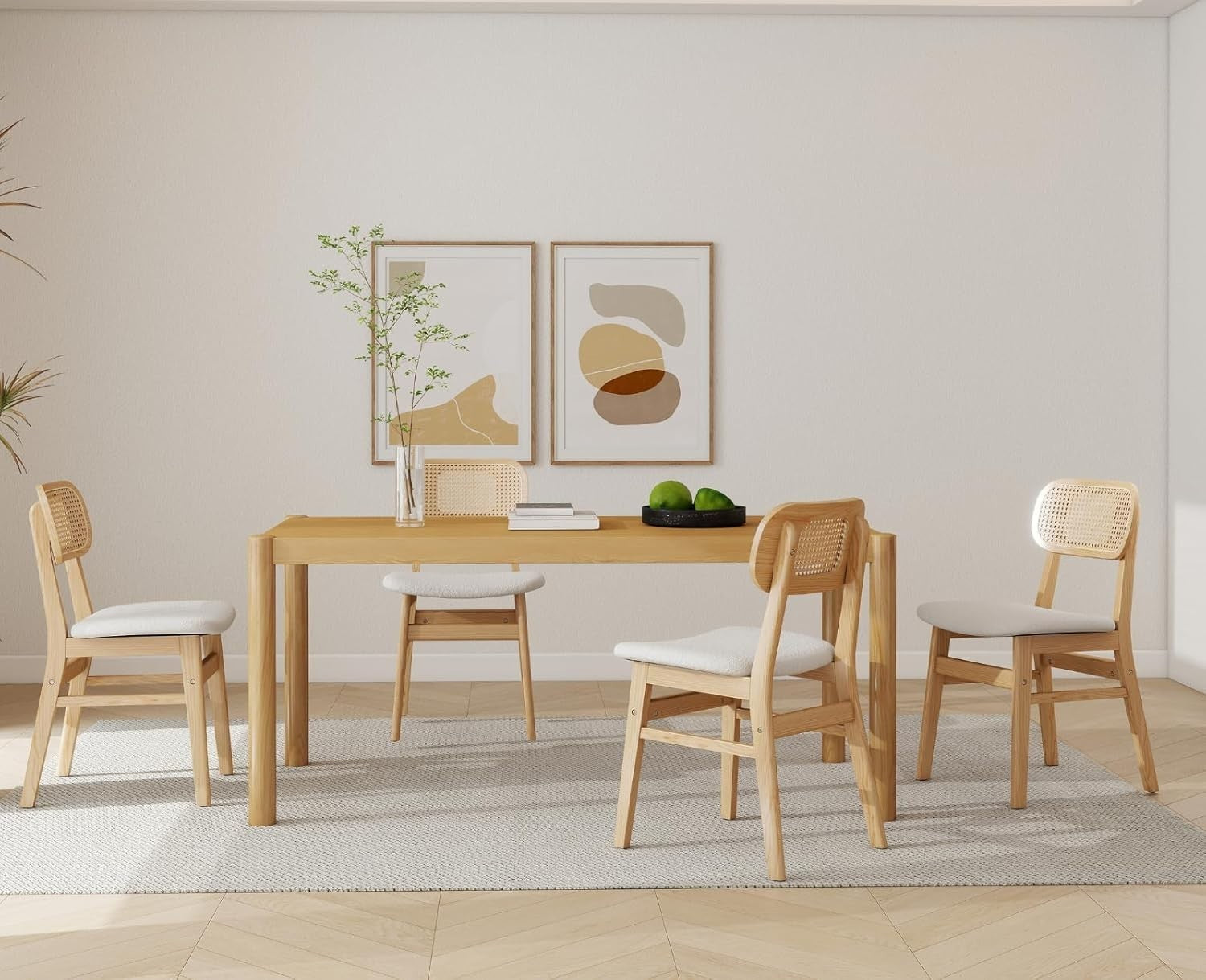 Set of 2 Rattan Dining Chairs Beige Fabric Seat Wooden Legs Kitchen