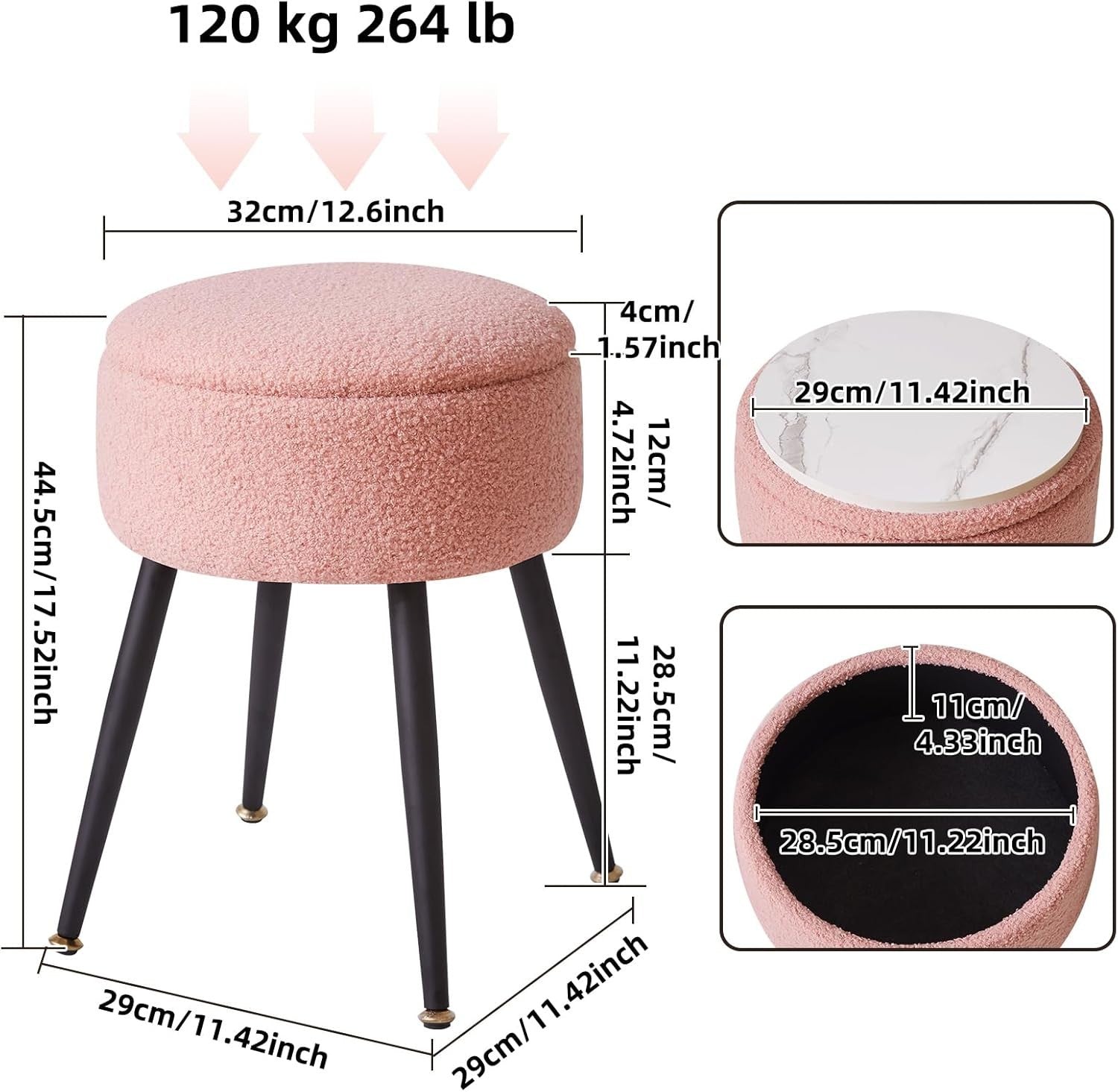 Pink Round Teddy Fur Vanity Stool with Storage – Soft Ottoman Seat