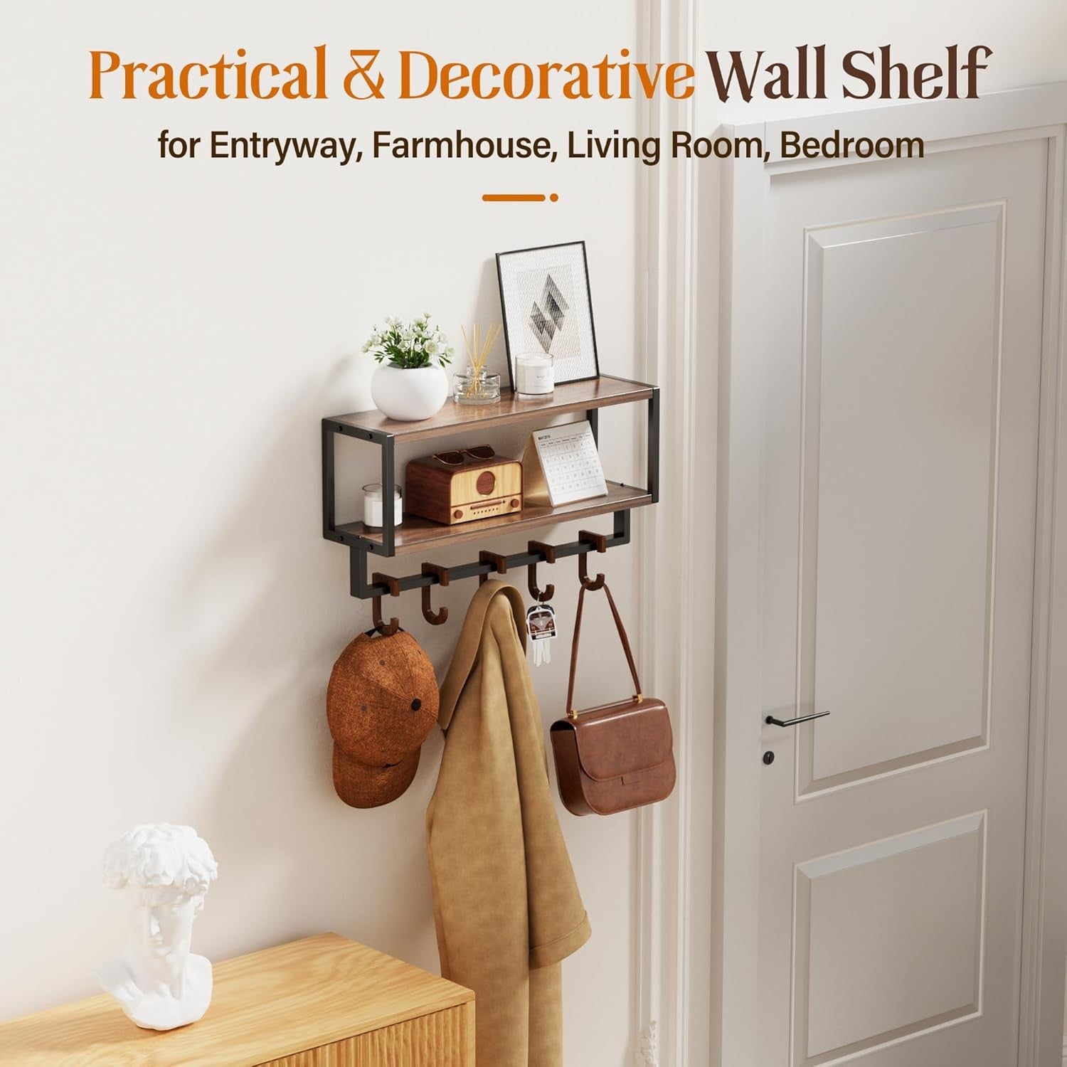 Rustic Wall Shelf with Hooks 2 Tier Coat Rack Industrial Wood Metal Storage