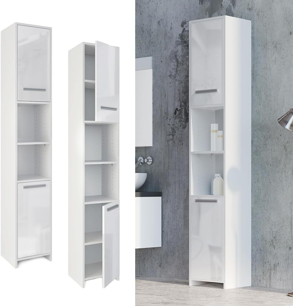 Tall White Gloss Bathroom Storage Cabinet with Shelves & Doors, 30x190 cm