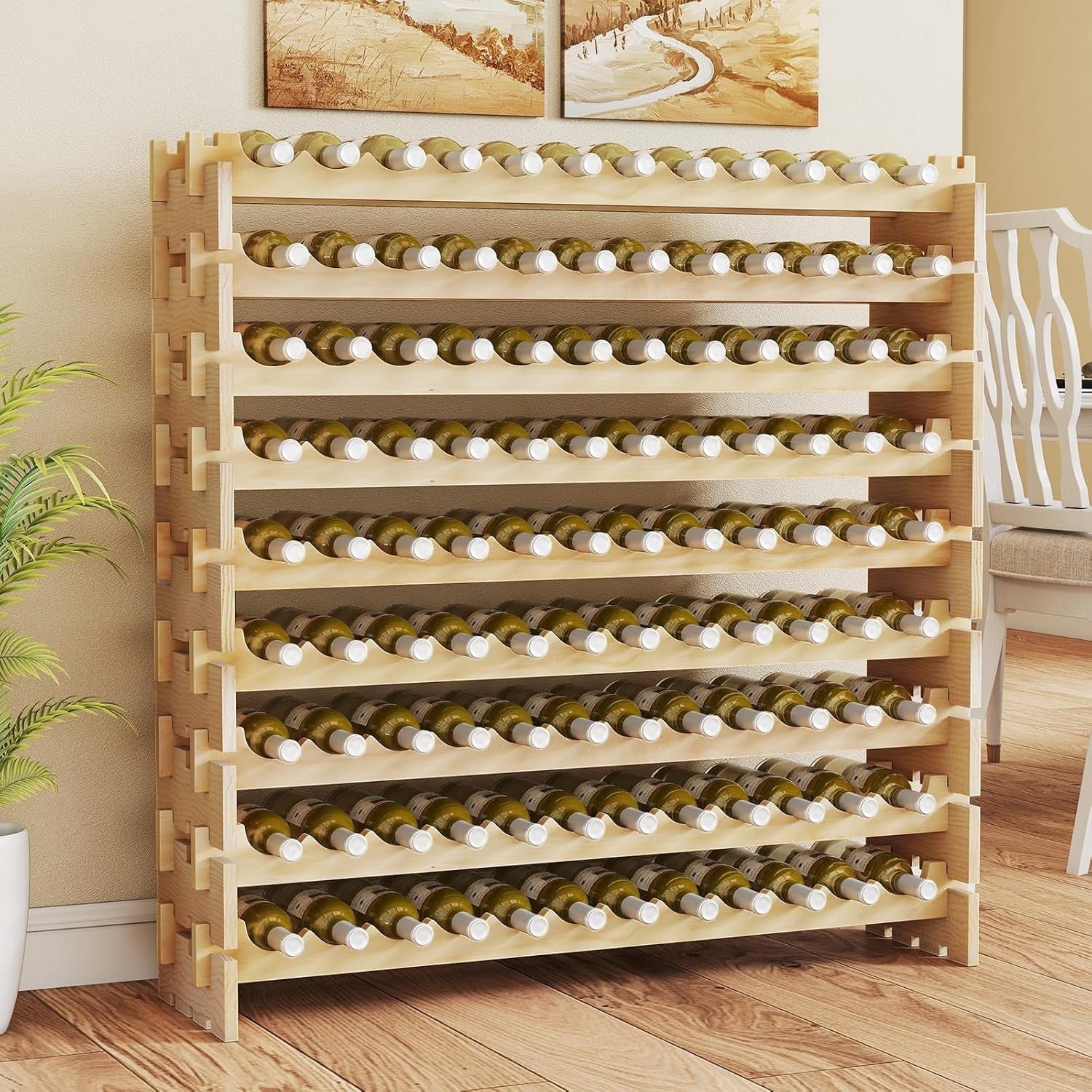 108 Bottle Wine Rack Large 6 Tier Natural Wood Stackable Storage Cellar Bar