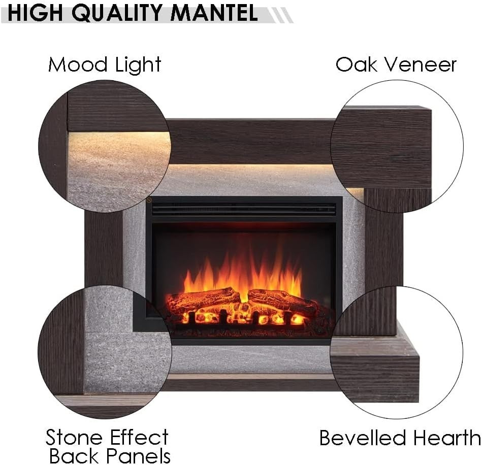 39" Electric Fireplace Heater Espresso Oak Surround, Remote & LED Flames