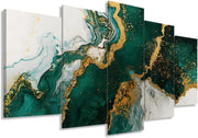 Green Gold Abstract Canvas Wall Art 5 Panel Framed Set