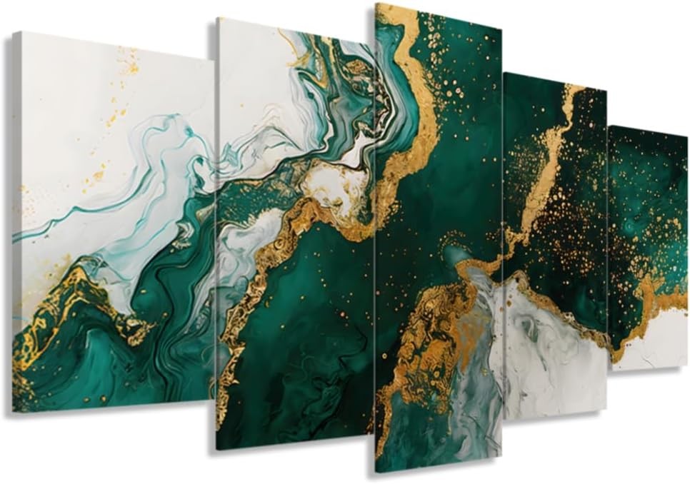 Green Gold Abstract Canvas Wall Art 5 Panel Framed Set