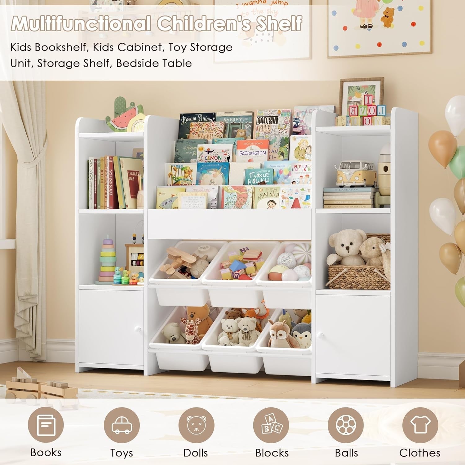 Large Kids Toy Storage Bookshelf with 6 Boxes 4 Tier Shelves for Playroom White