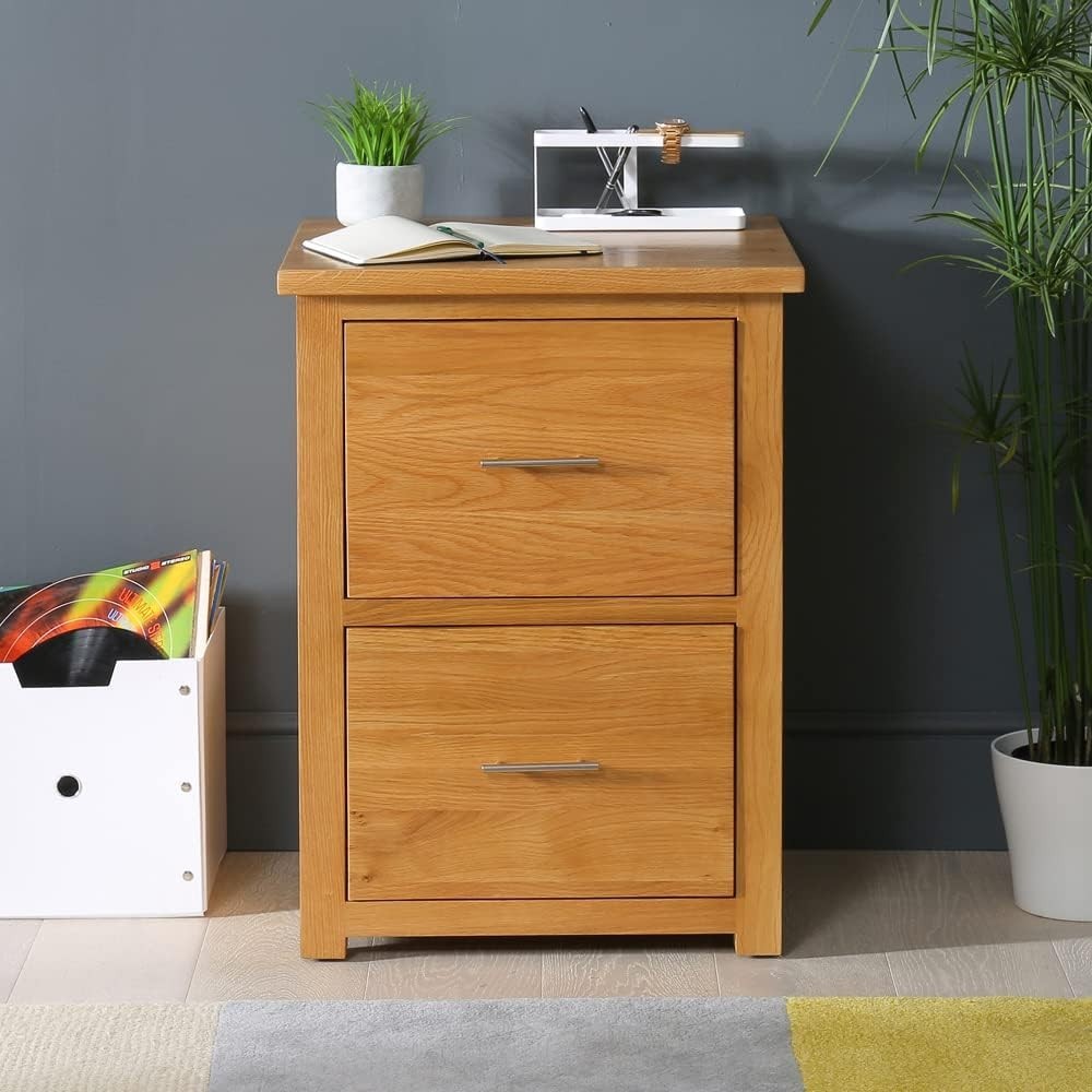 Solid Oak Filing Cabinet 2 Drawer Lockable Foolscap Office Storage