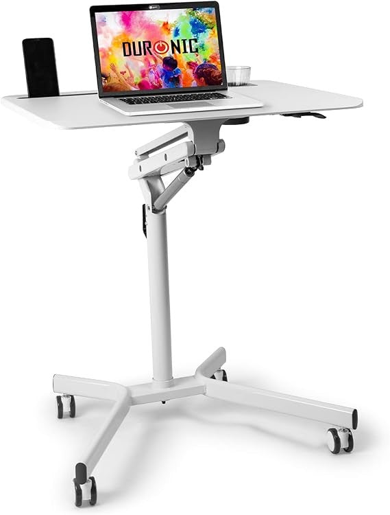 Mobile Sit Stand Laptop Desk on Wheels Adjustable Ergonomic Workstation White