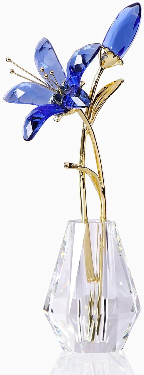 Crystal Lily Flower Ornament Blue • Luxury Glass Vase Figurine • Elegant Floral