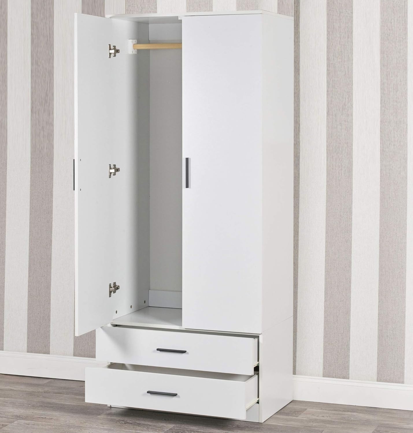 2 Door Wardrobe White Drawers Bedroom Storage Cabinet with Hanging Rail