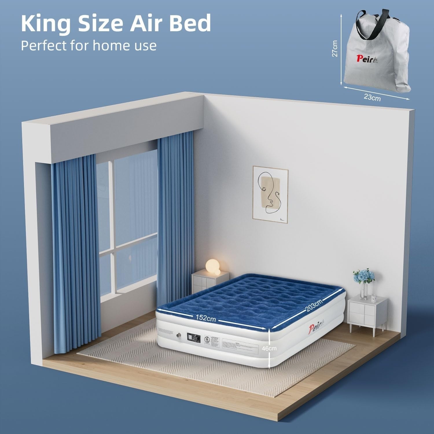 King Air Mattress Double Bed Built-In Pump Quick Inflate 203x152x46cm