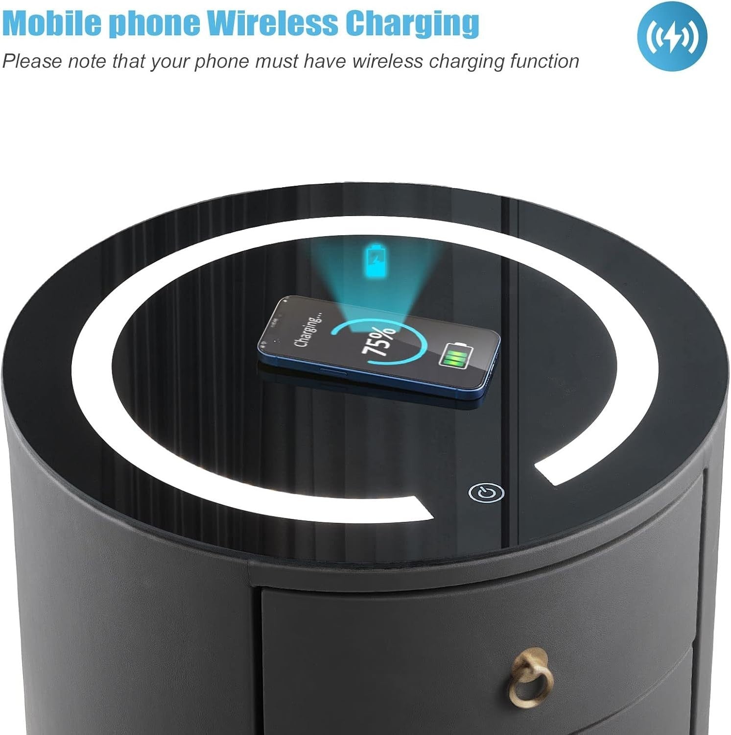 Set of 2 Luxury Round Bedside Tables with Wireless Charging & LED Lights