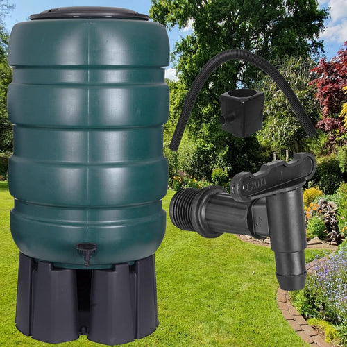 250L Green Traditional Barrel Water Butt With Stand & Tap Plastic Kit