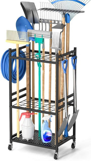 Black Metal Garden Tool Organizer 35 Slots 3 Shelves Wheels Rack