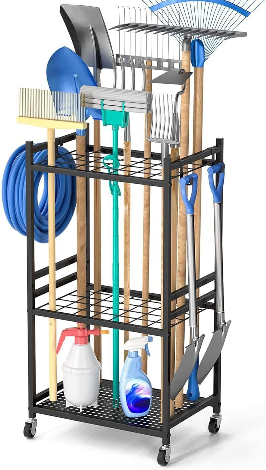 Black Metal Garden Tool Organizer 35 Slots 3 Shelves Wheels Rack
