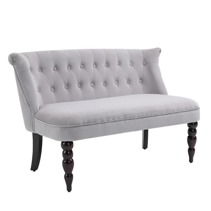 2 Seater Vintage Sofa Bench w/ Tufted Back & Carved Legs – Grey Velvet Look