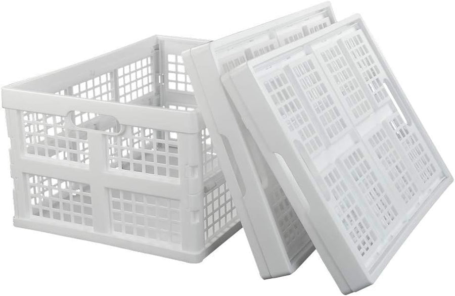 Set of 3 30L Folding Plastic Storage Crates Stackable 44x33x23cm White