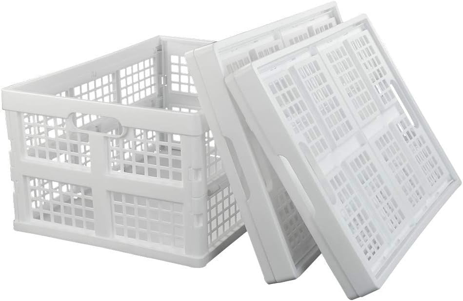 Set of 3 30L Folding Plastic Storage Crates Stackable 44x33x23cm White
