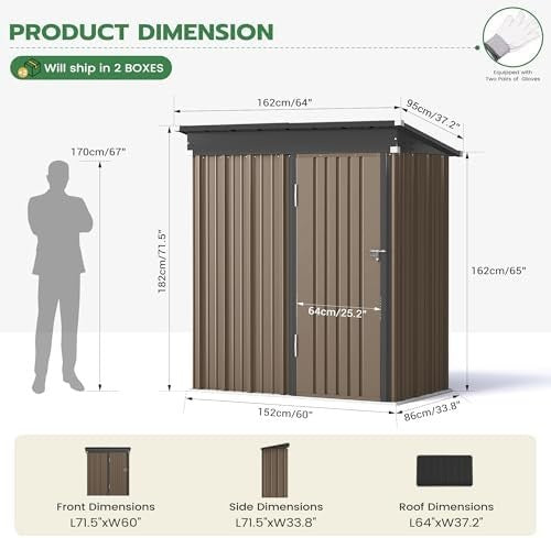 Metal Garden Storage Shed 5x3ft Brown Waterproof Outdoor Tool & Bike Shed, Lock