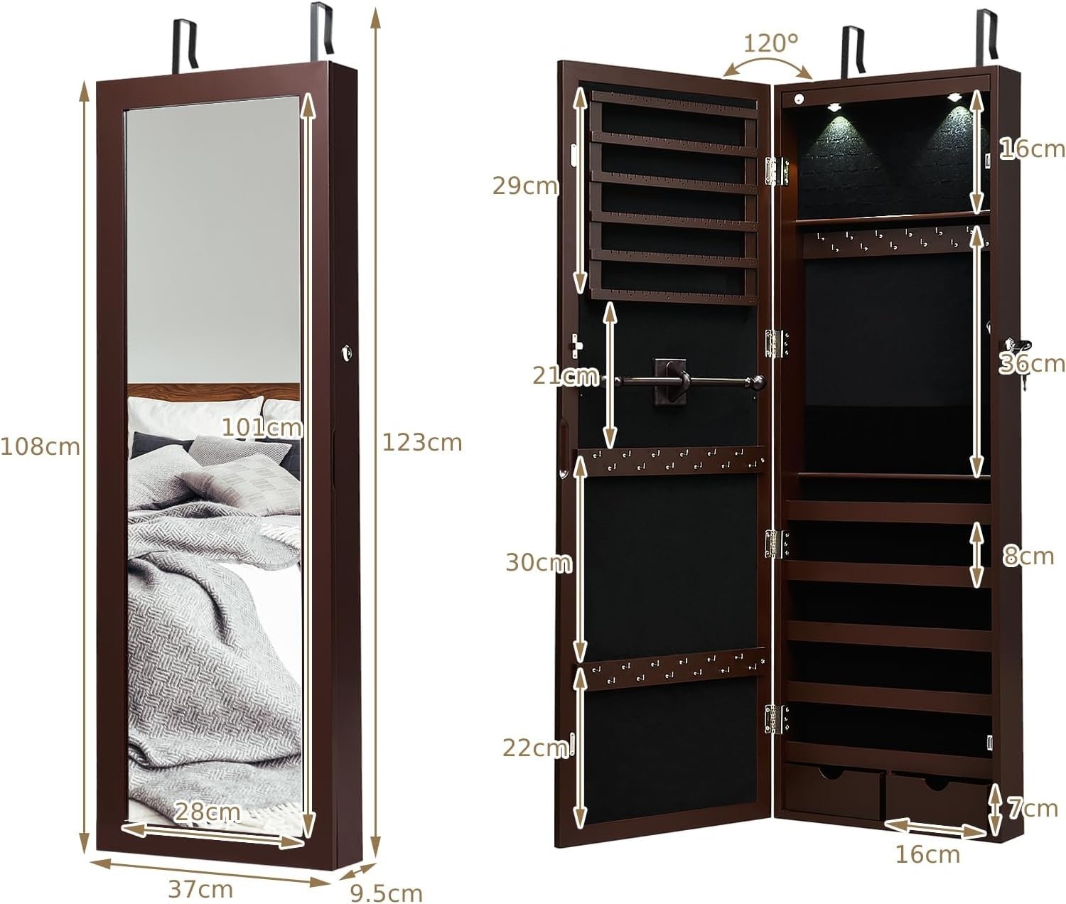 Brown Wall Door Mounted Jewellery Cabinet Lockable Mirror Organizer