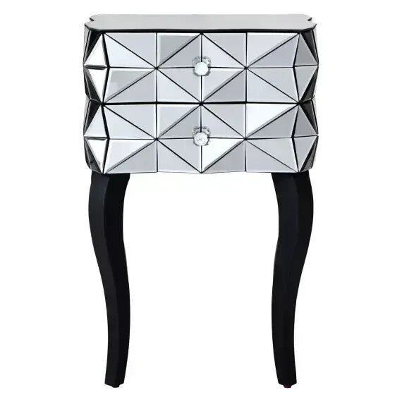 Modern 3D Glass Bedside Table with 2 Drawers – Silver Mirrored Unit