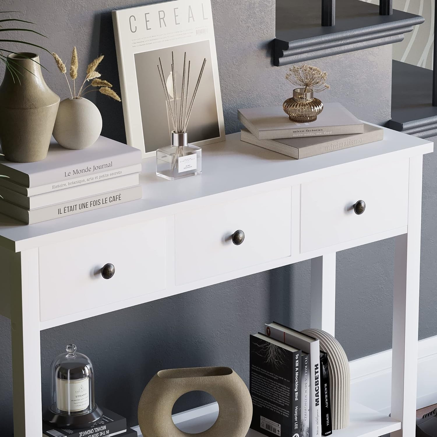 White Hallway Console Table 3 Drawer Storage Shelf Modern Slim Entryway