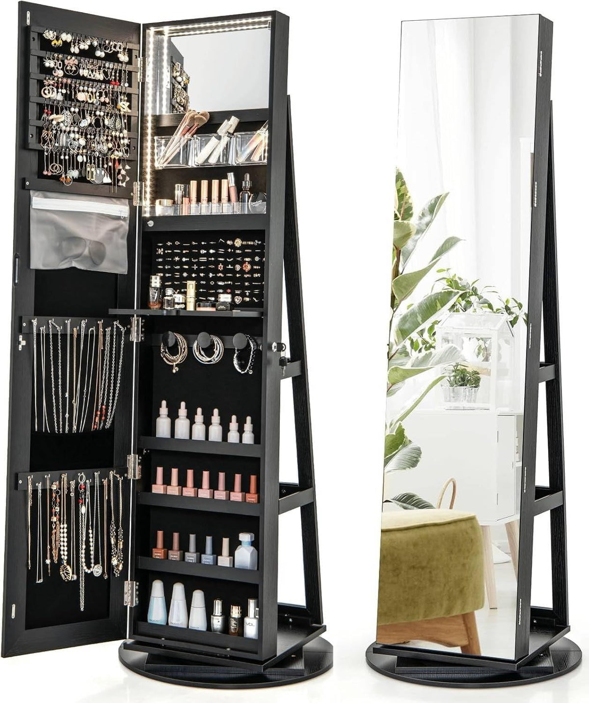 Black 360° Swivel LED Jewelry Cabinet Mirror Lockable 3-Color Storage