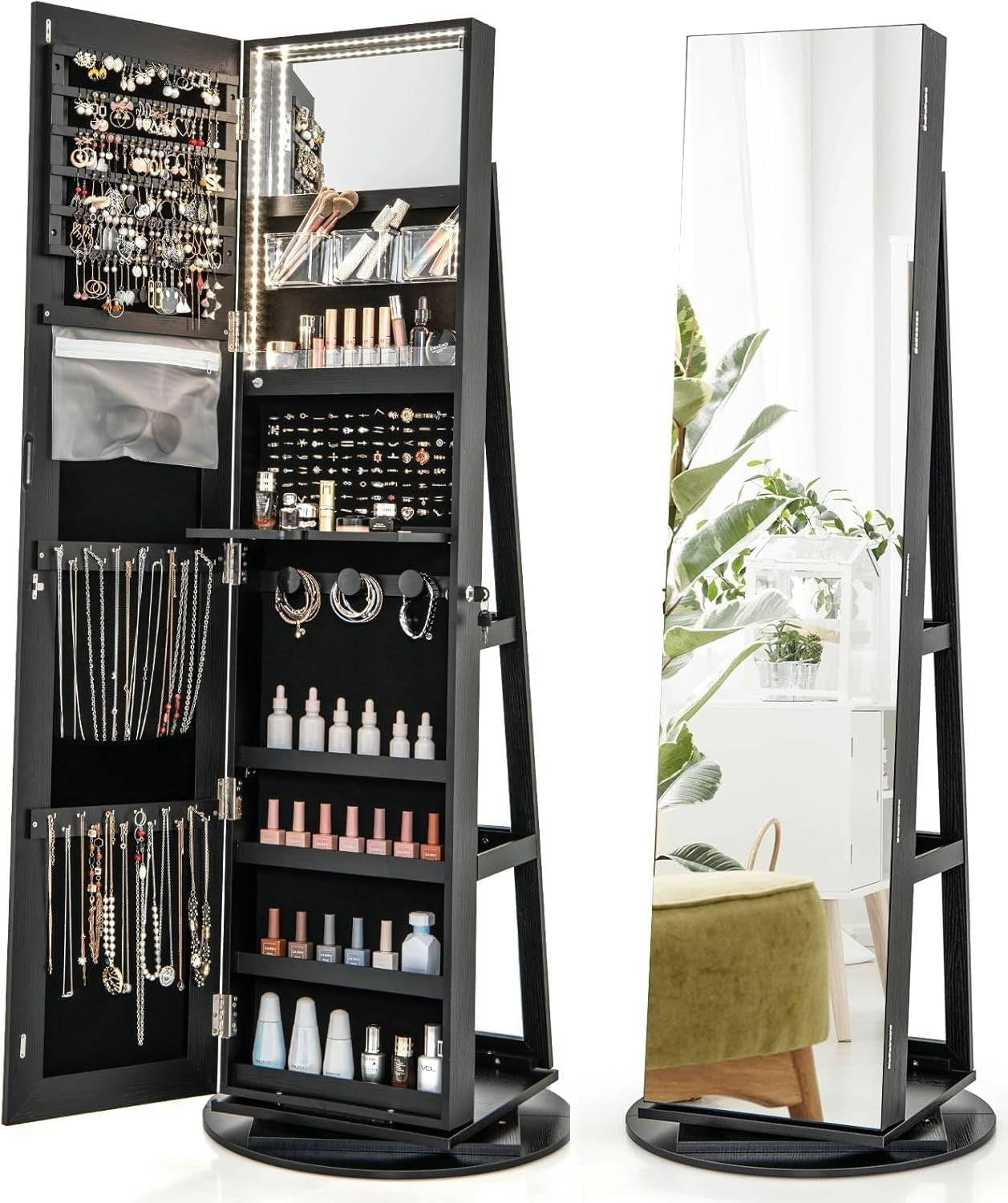 Black 360° Swivel LED Jewelry Cabinet Mirror Lockable 3-Color Storage